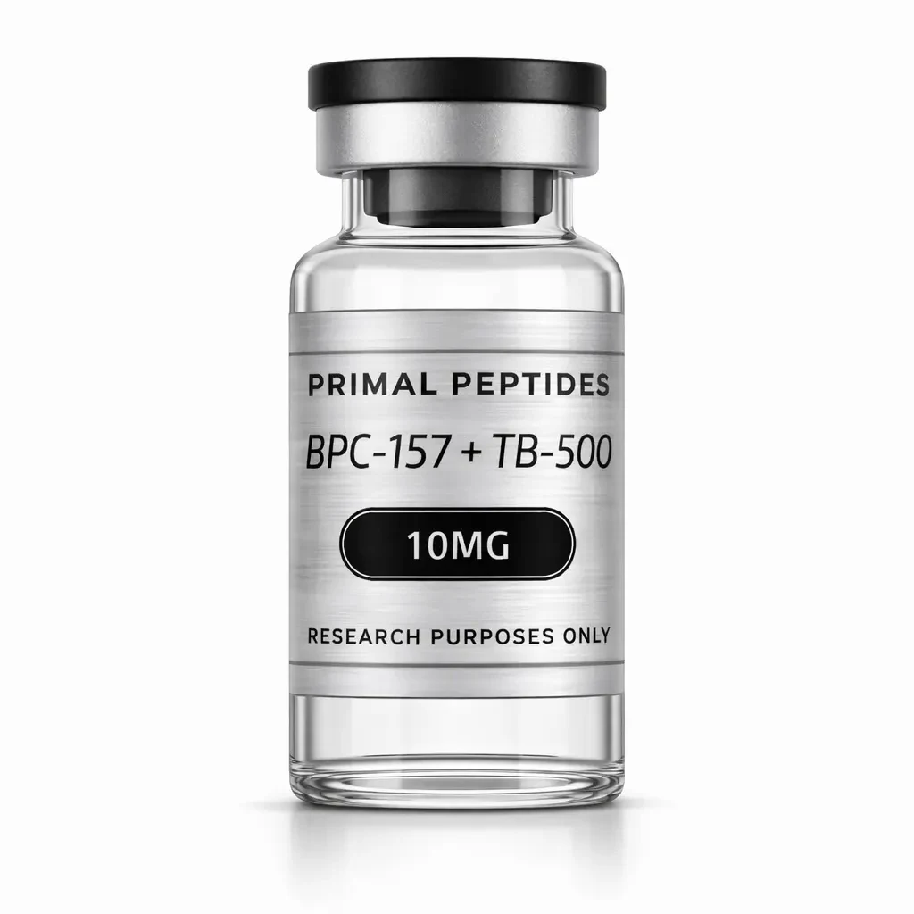 BPC-157 + TB-500 vial · referansemateriale for in-vitro forskning