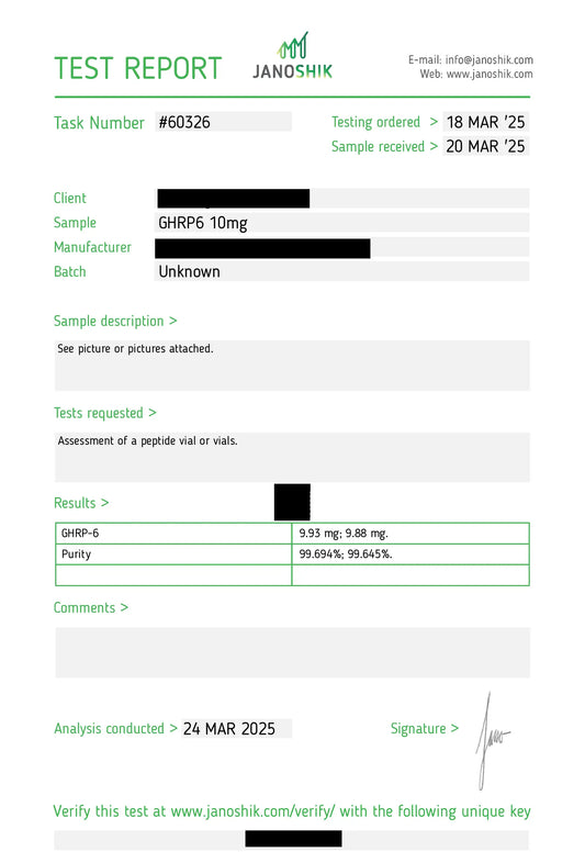 Onafhankelijk testrapport (COA) voor GHRP-6 peptide met 99% zuiverheid