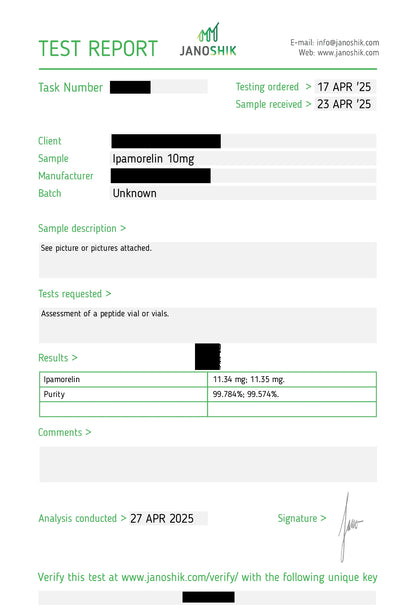 Ipamorelin peptide COA testcertificaat – Getest op stabiliteit en zuiverheid – 99%