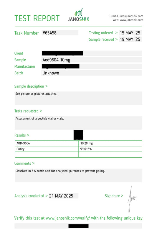 Testresultaat laboratoriumrapport - analyse van AOD9604 batchkwaliteit