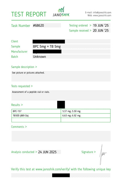 Officieel laboratoriumrapport van BPC-157 en TB-500 peptide blend – Zuiverheid 99%