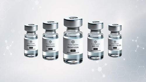 Verschillende peptides van Primal Peptides zoals BPC 157, TB 500, Retatrutide, Ipamorelin en Melanotan II – onderzoeksproducten in 10mg vials